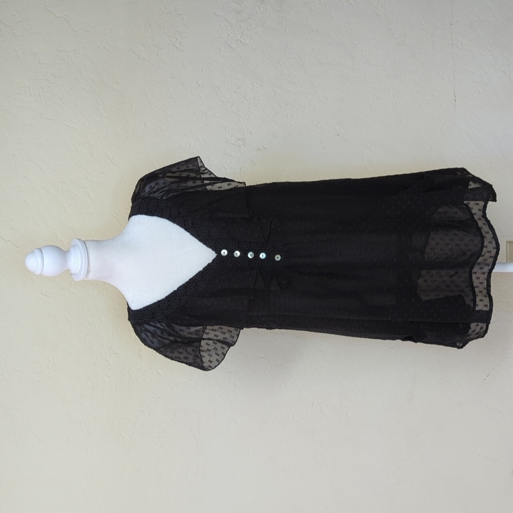 Daniel Rainn Black Sheer Swiss Dot Short Sleeve Blouse Size Medium